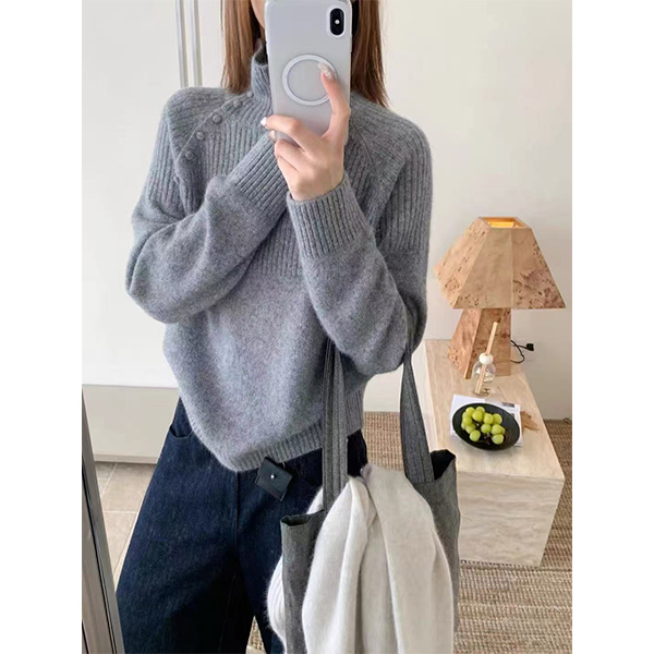【高领斜排扣灰色坑条长袖】针织衫宽松显瘦休闲时尚百搭
