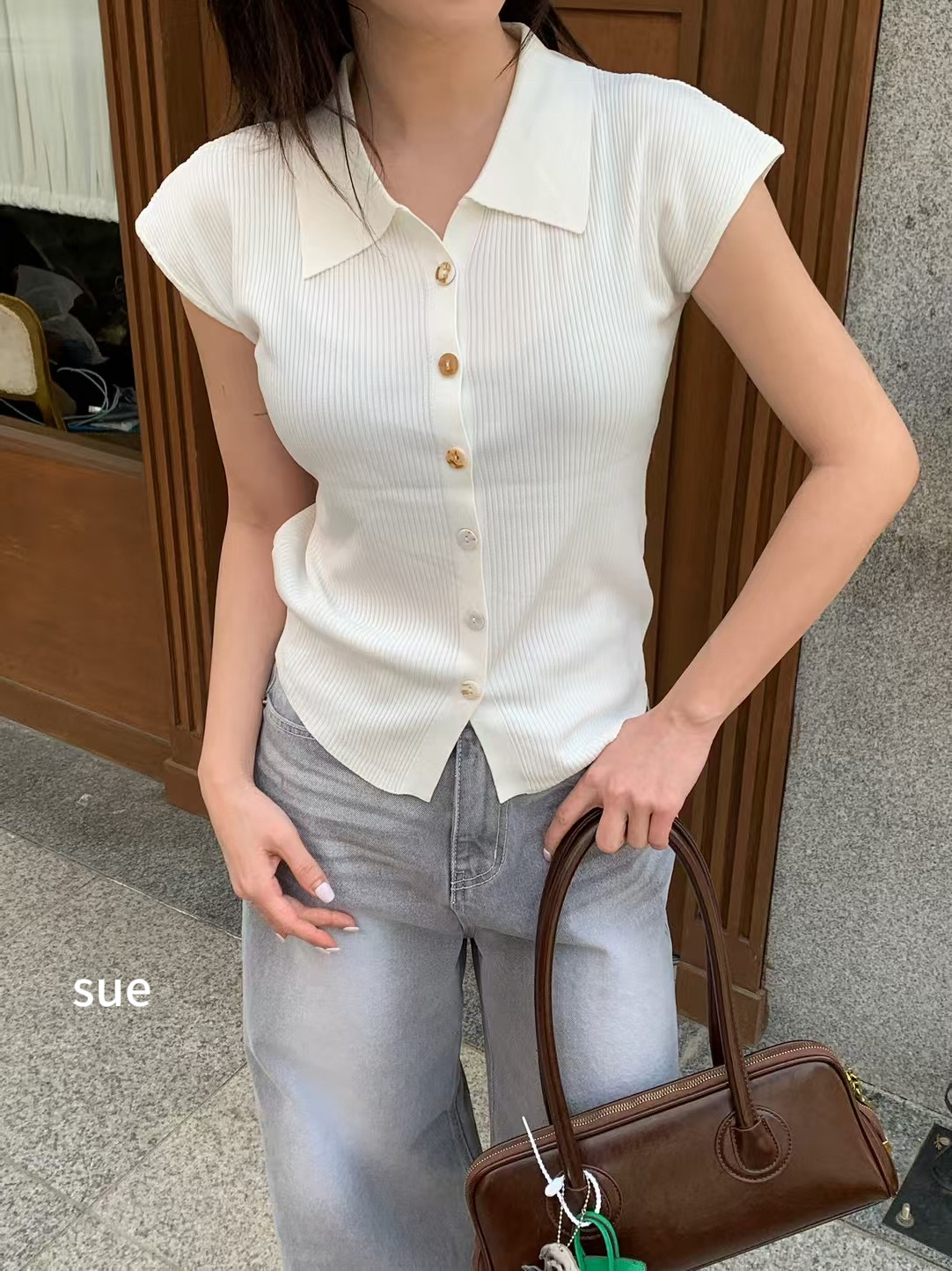 polo薄款夏季包袖设计感毛针织衫套头款轻熟风短袖