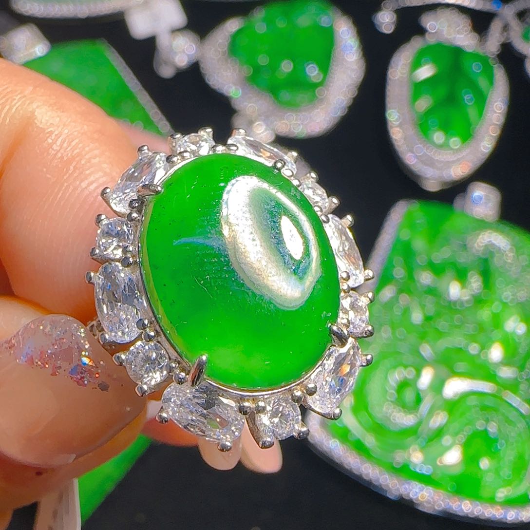 翡翠戒指银S925镶嵌天然