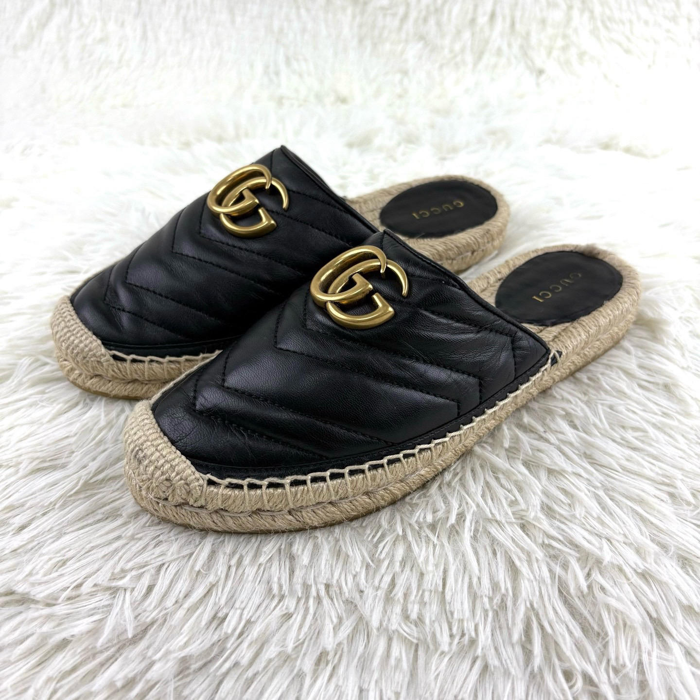 99新 GUCCI/古驰 黑色草编渔夫半拖鞋35码14707980