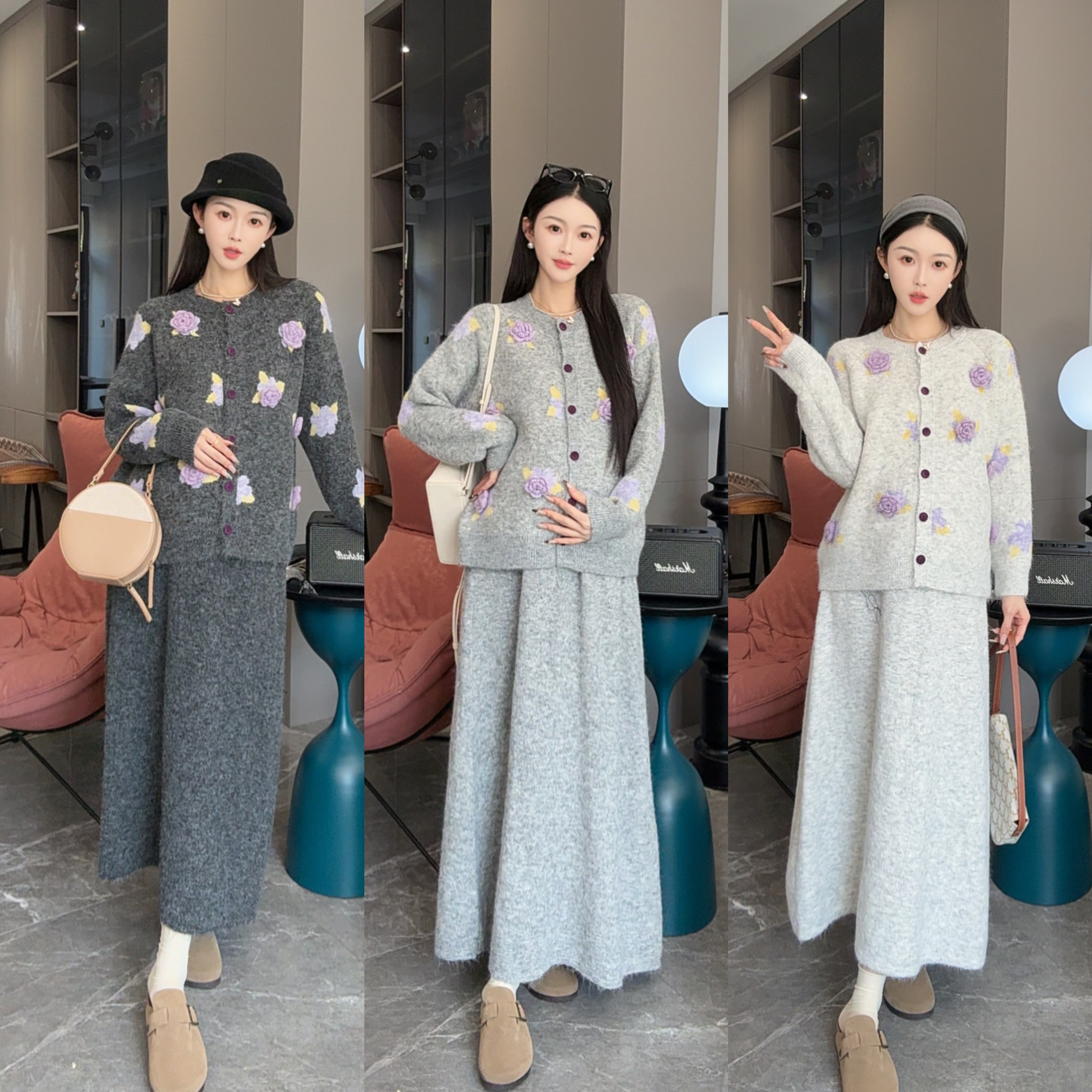 2025秋冬加厚新款撞色刺绣花朵开衫上衣+可调半身裙孕妈套装裙子