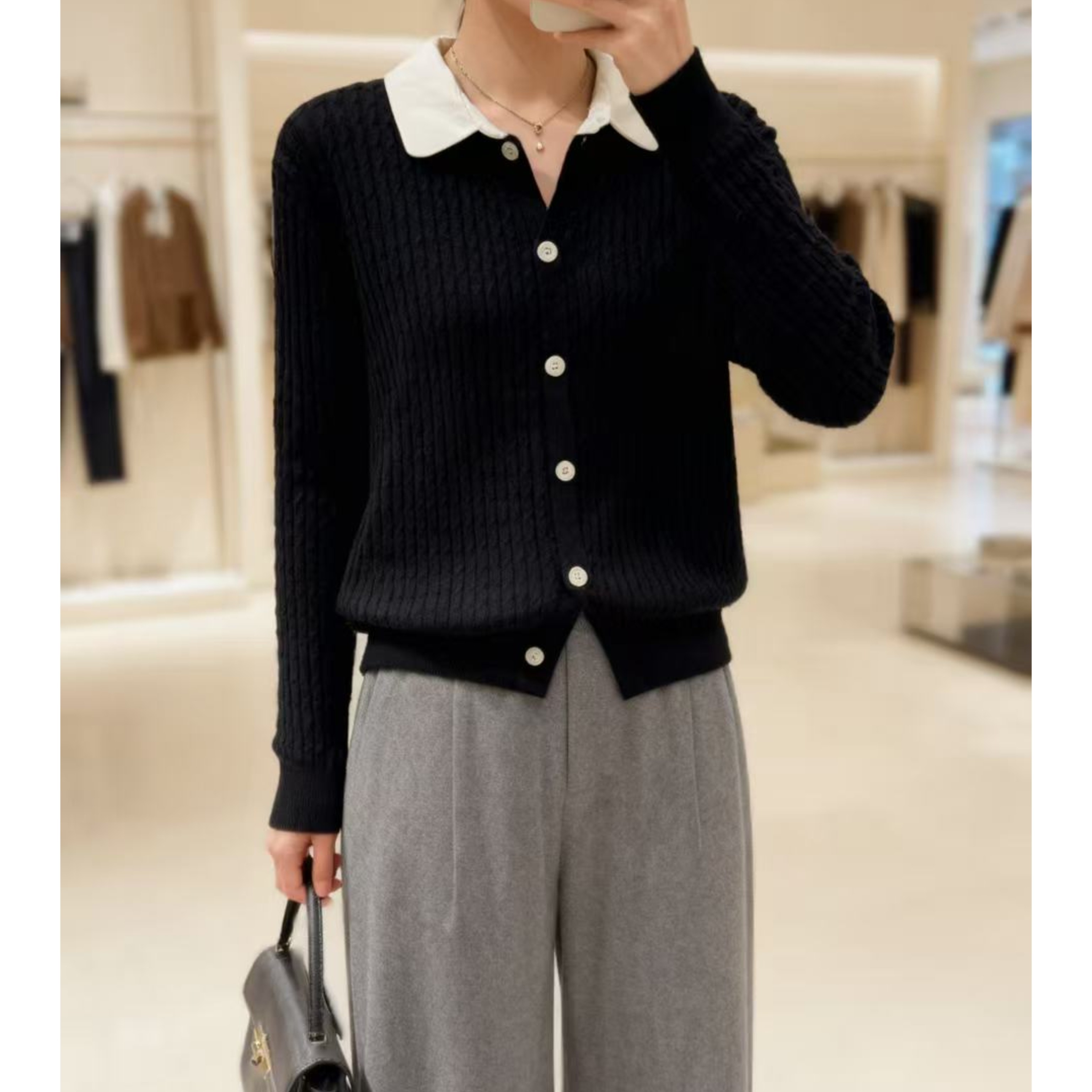 胸106-170长60撞色翻领麻花绞花设计立体复古针织开衫 4286