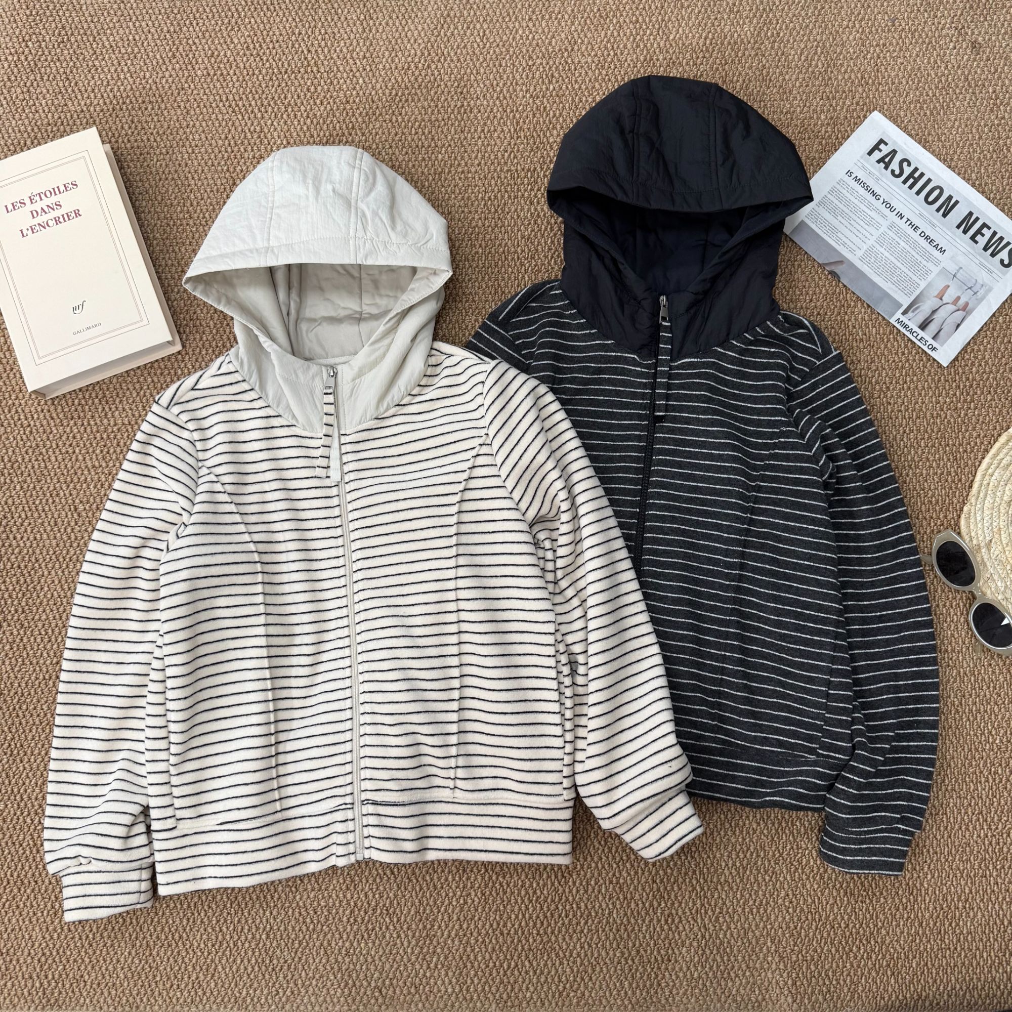 [撞色条纹]2025秋冬新款时尚百搭洋气连帽女外套HT-U372