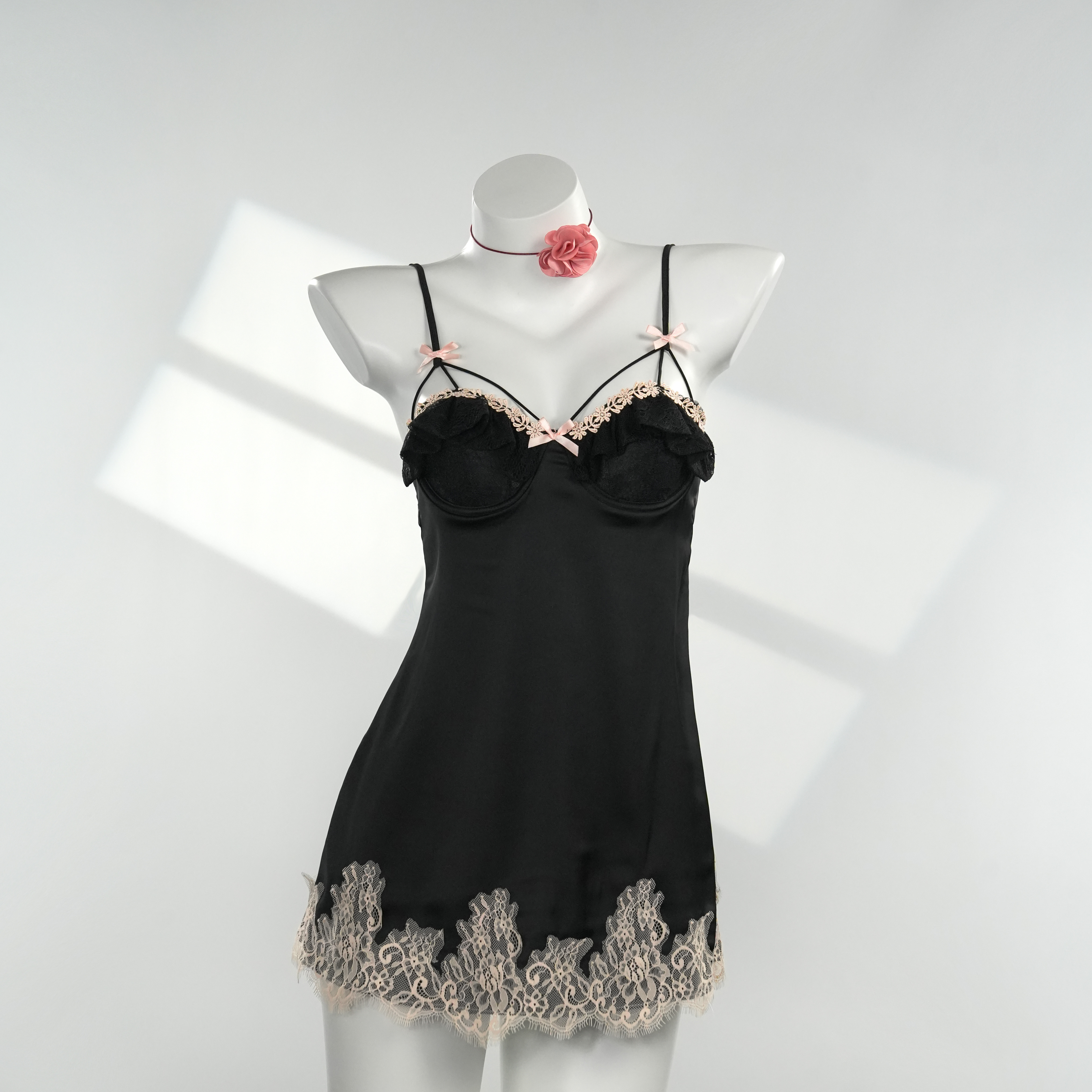 潮汐【90-220斤】蕾丝显瘦气质性感修身时尚黑色大码睡裙 1712