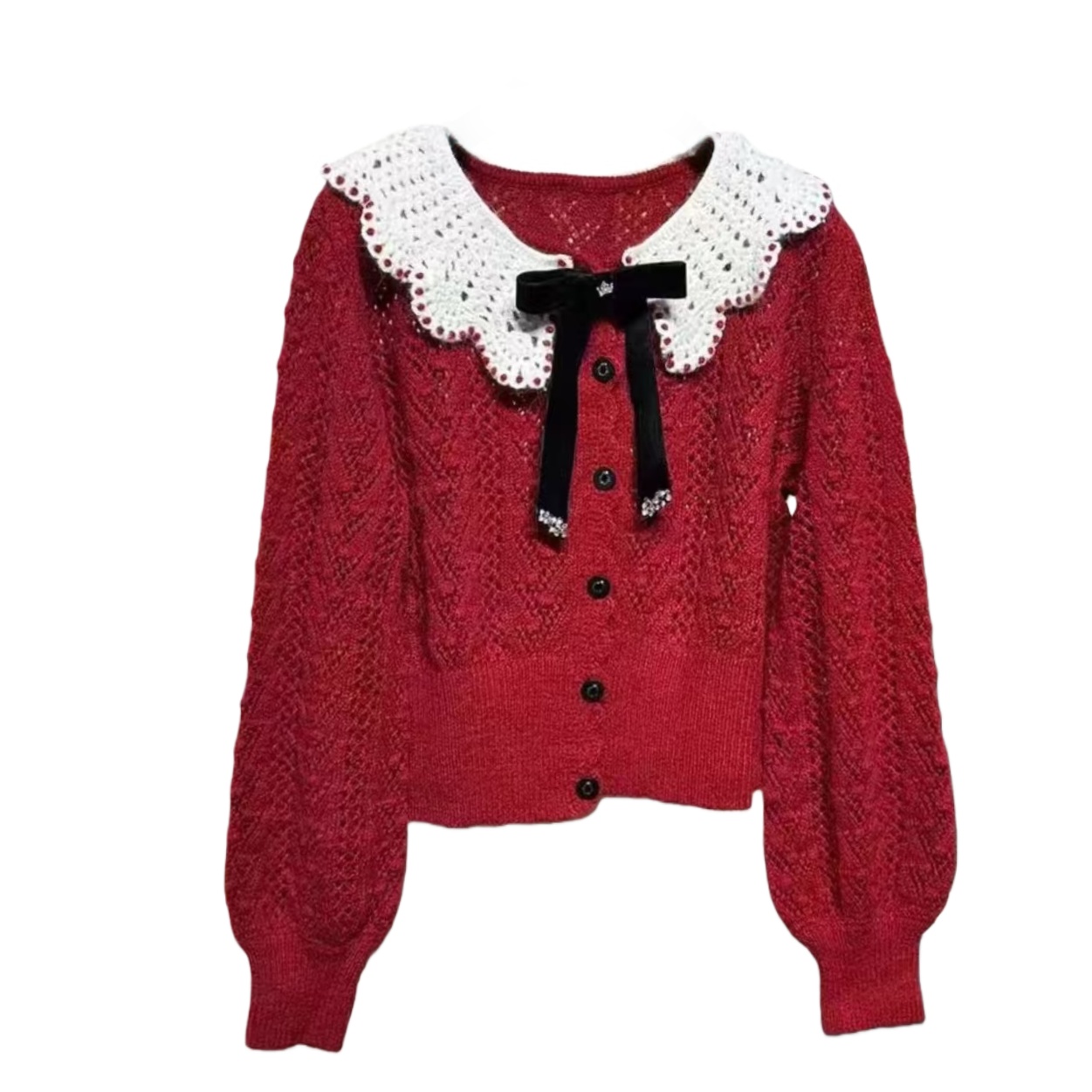 【樱桃红勾花】秋冬新款喜庆红撞色镂空翻领蝴蝶结针织衫女.D2276