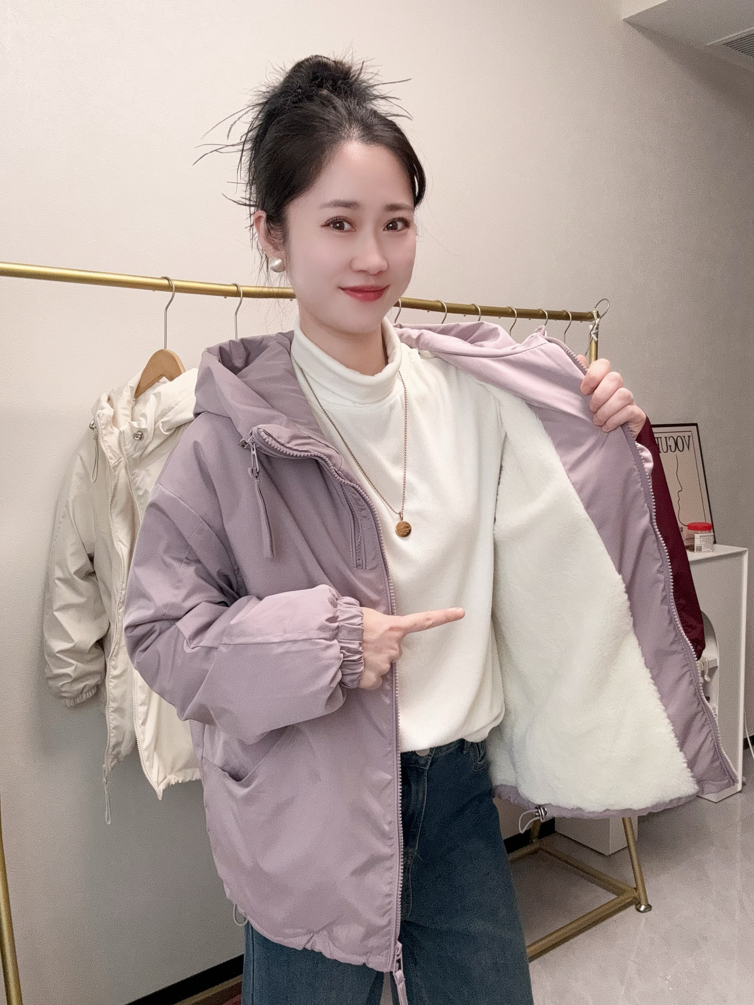 加绒加厚25冬季新款冲锋衣百搭夹克连帽宽松棉外套上衣女065