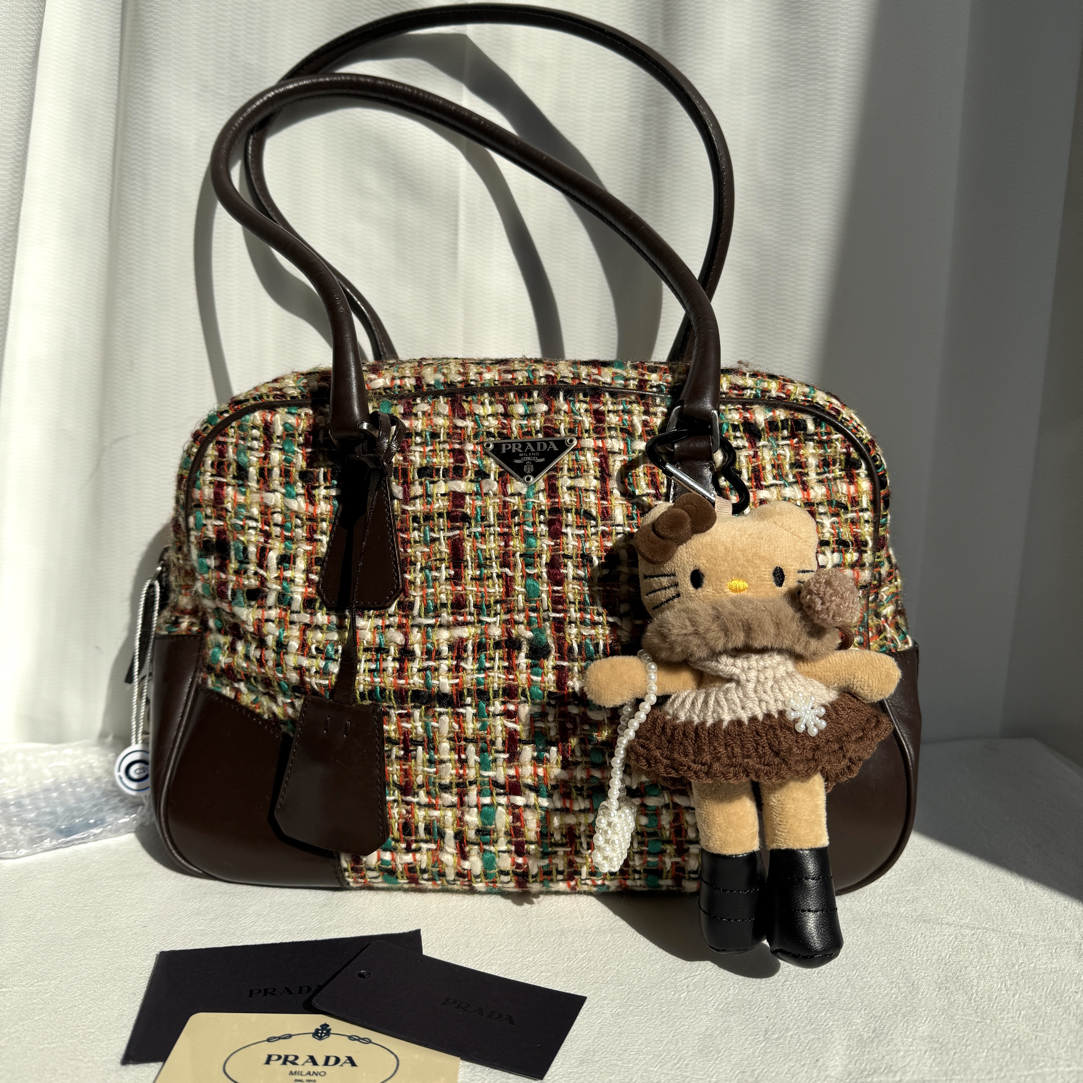 99新 Prada/普拉达 毛呢拼皮彩色针织保龄球包腋下单肩手提包