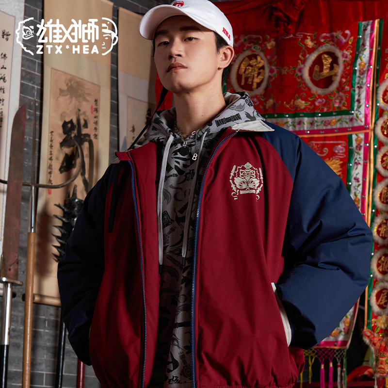 朱铁雄 x HEA 联名款国潮醒狮拼接撞色兵器印花秋冬保暖棉服外套