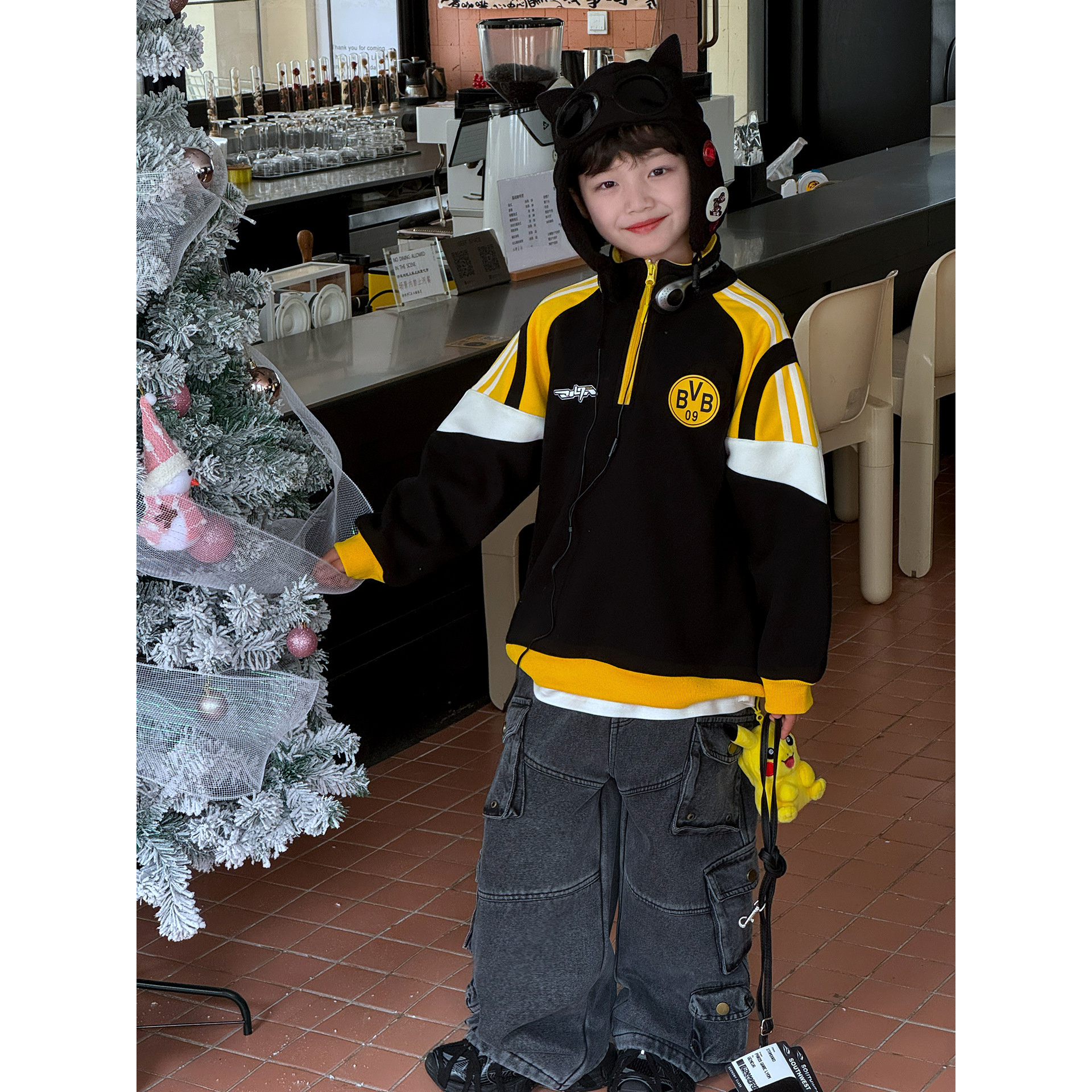 【Tang小白】2025男冬款美式拼色字母印花上衣拉链立领加绒儿童卫衣