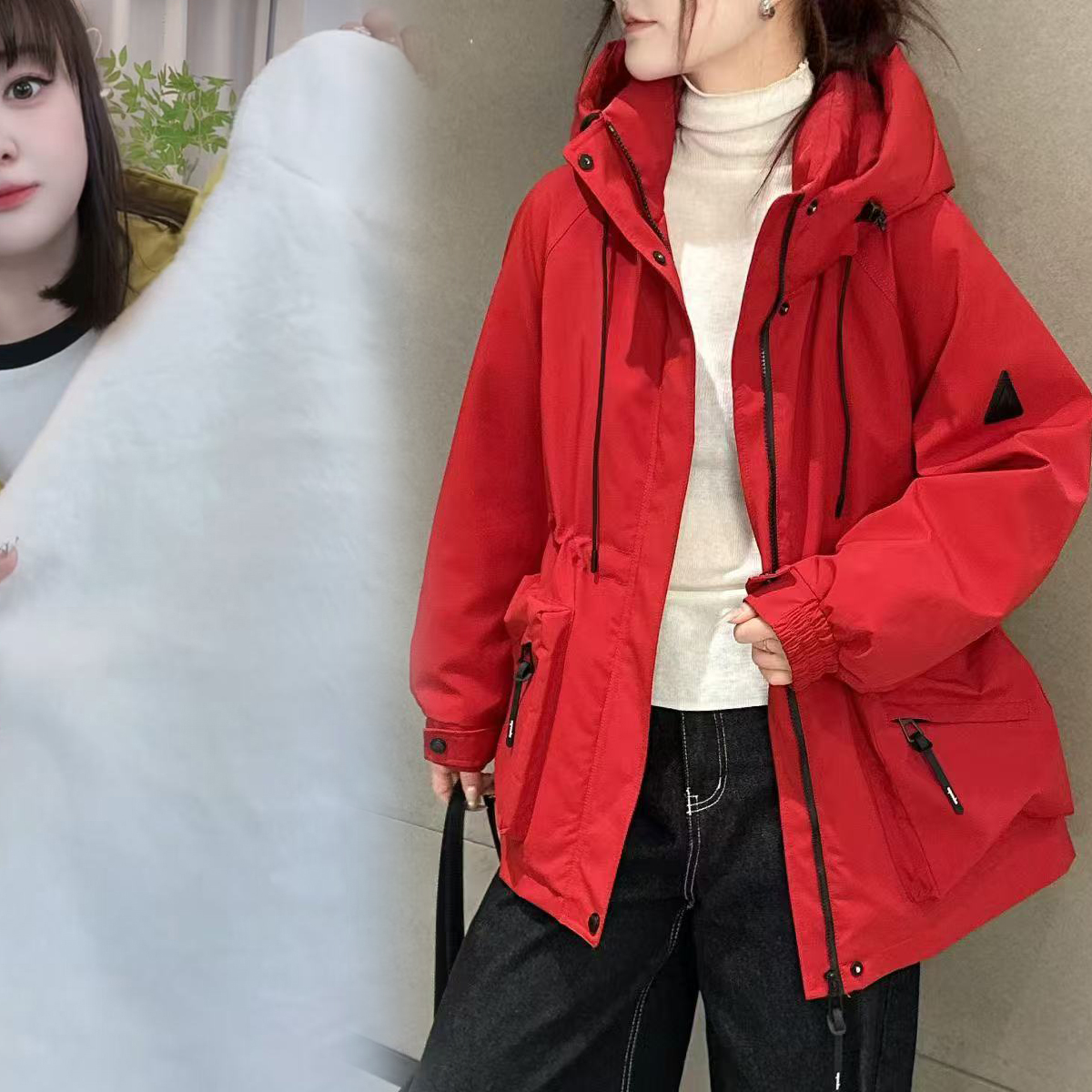 大码女装冬装加绒加厚宽松派克服中长款连帽棉服收腰显瘦保暖休闲