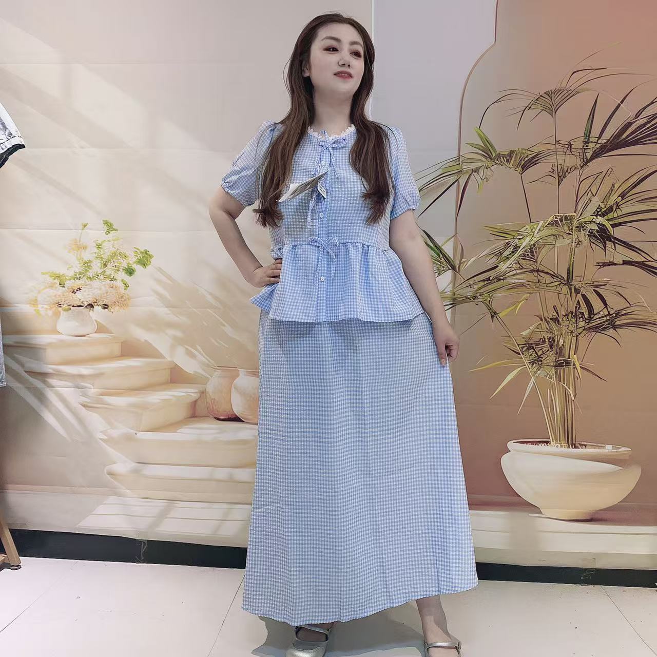 A8185大码系带蝴蝶结格子套装减龄韩系百搭两件套