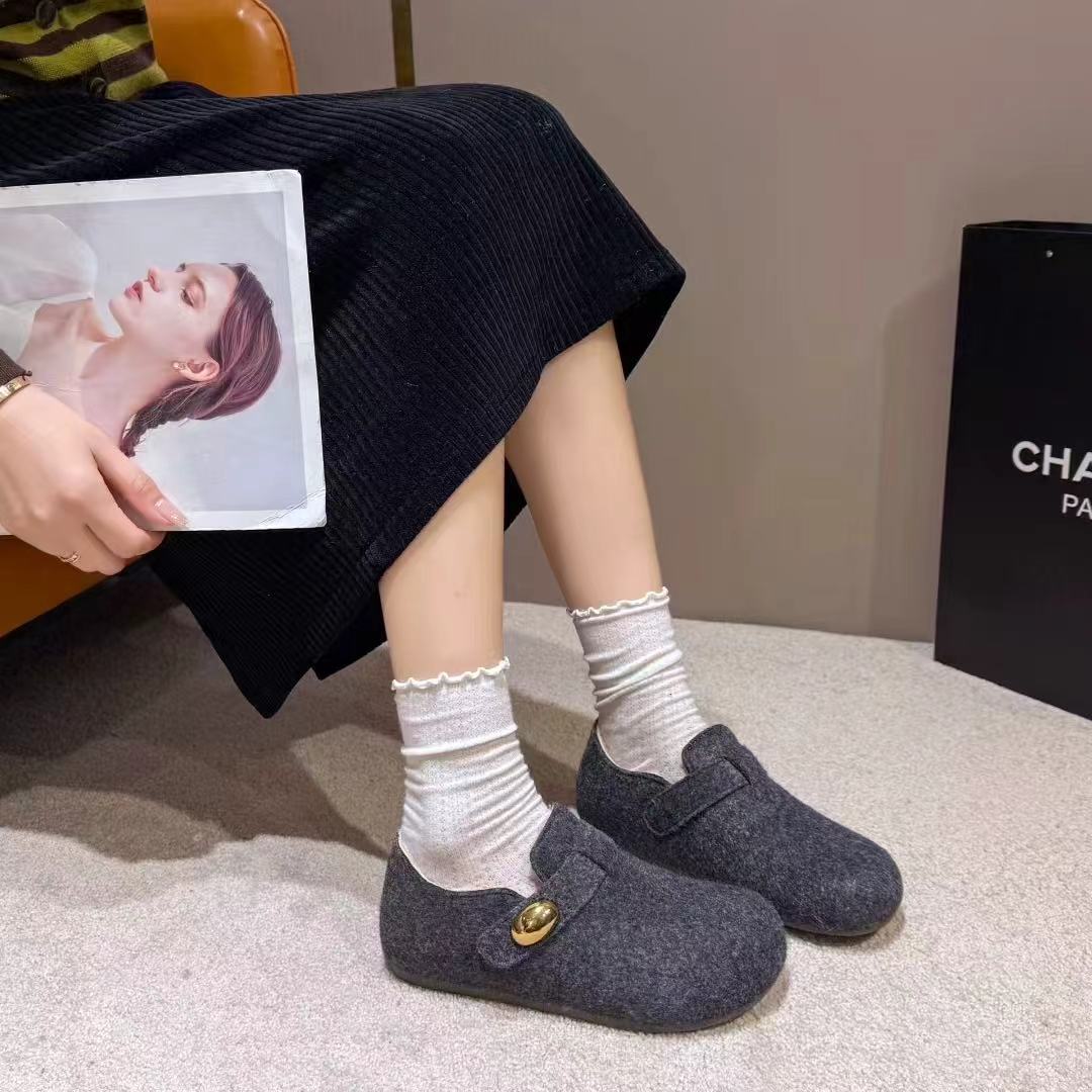 韩版圆头毛毡爆款勃肯女2025冬款厚底一脚蹬时髦百搭