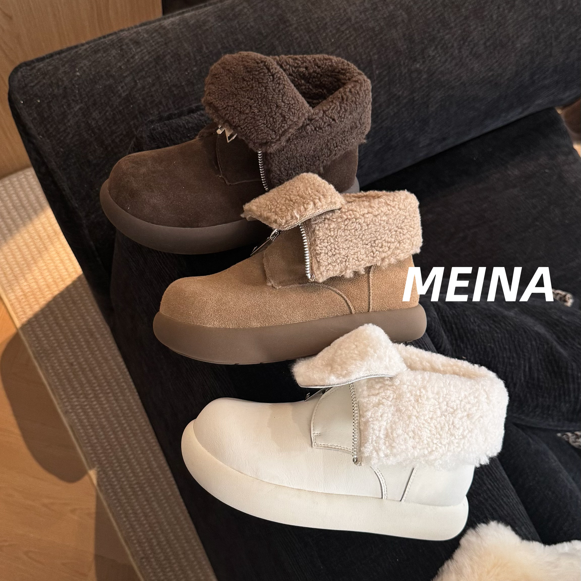 [美娜]真皮大头拉链翻领两穿面包鞋加厚雪地靴复古女鞋