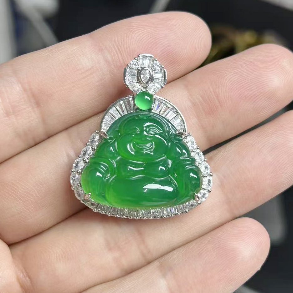 天然镶嵌佛公翠满色吊坠C33经典