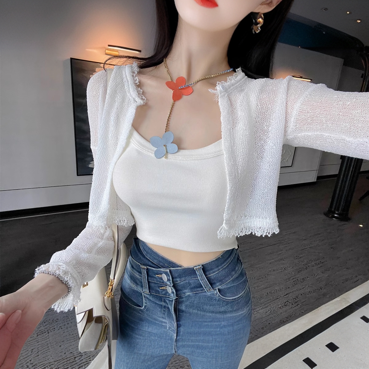 【SL2301515】水晶珠 防晒衣超弹力针织超高腰长袖薄款百搭透气修身