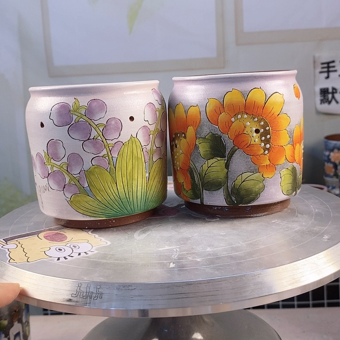 紫砂花盆红陶手绘花盆