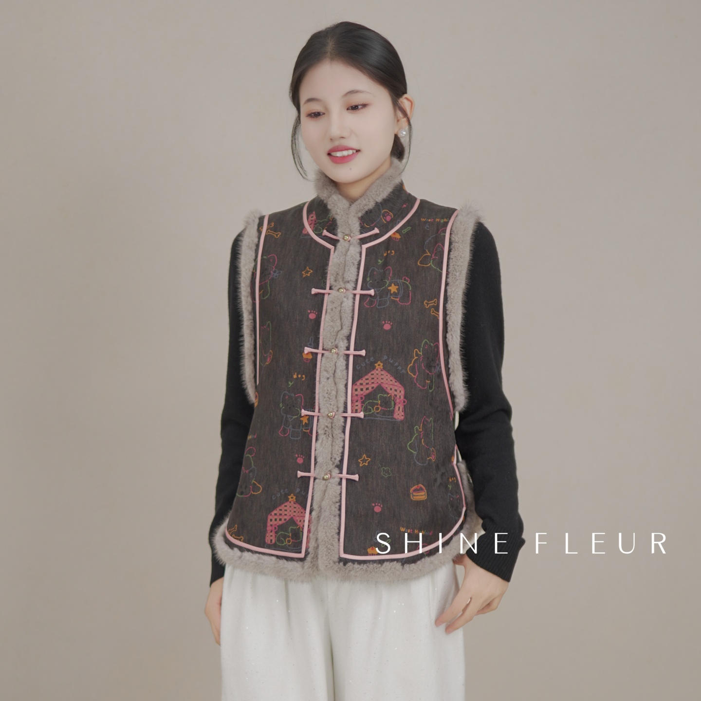 千帆旗袍 新中式红云纱棉马甲水貂毛条