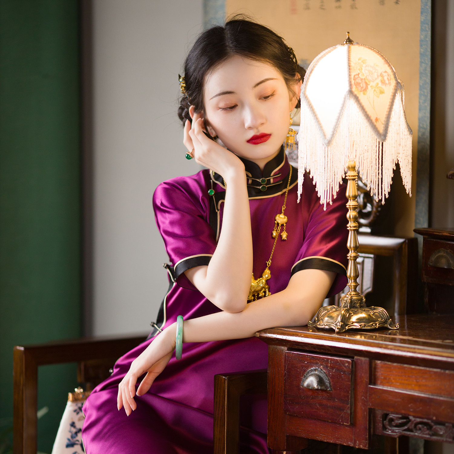 思华容丨一城风絮丨中式民国立领盘扣修身醋酸缎长旗袍裙复古优雅