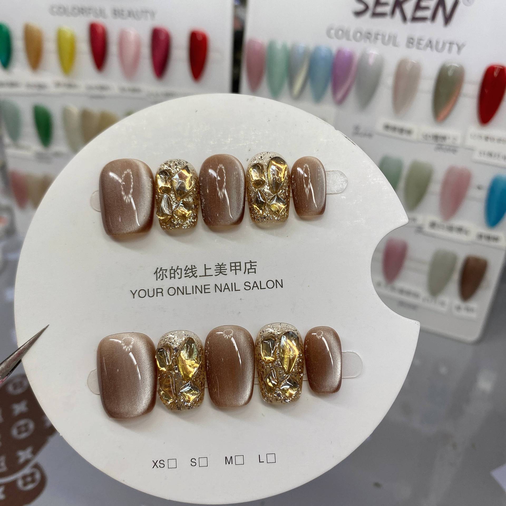 实拍穿戴甲纯手工美甲成品假指甲贴片高光灯泡猫眼爆闪香槟钻短甲