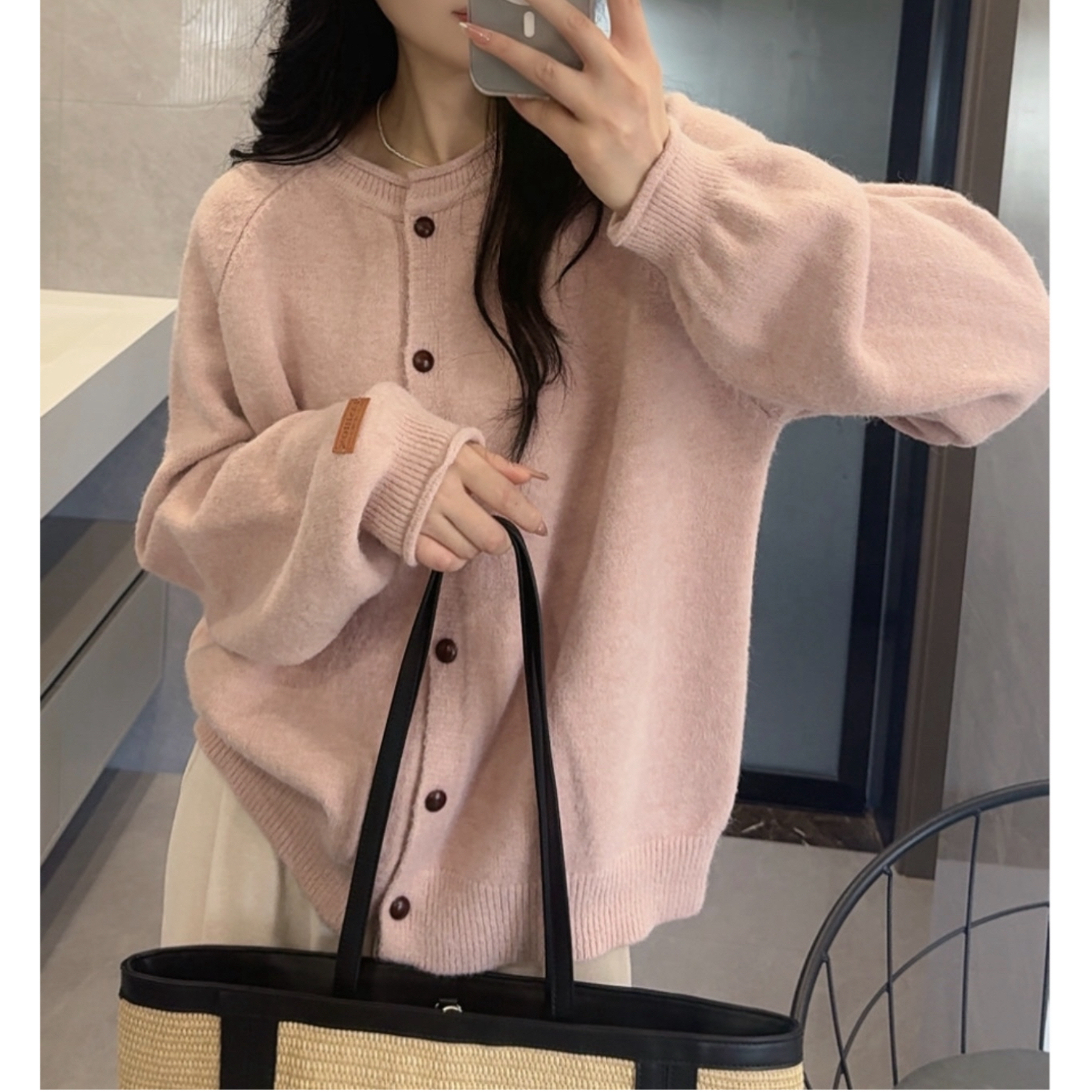 《大橙子》法式卷边软糯圆领针织开衫女简约慵懒宽松百搭毛衣外套