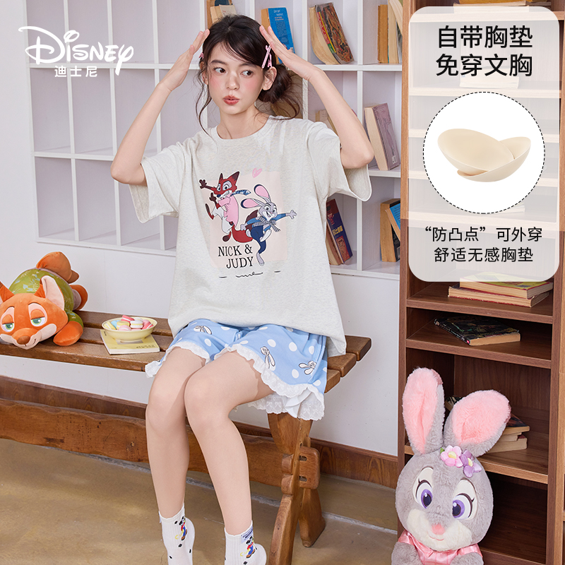 Disney/迪士尼夏季套头纯棉短袖短裤带胸垫卡通可爱家居服0342