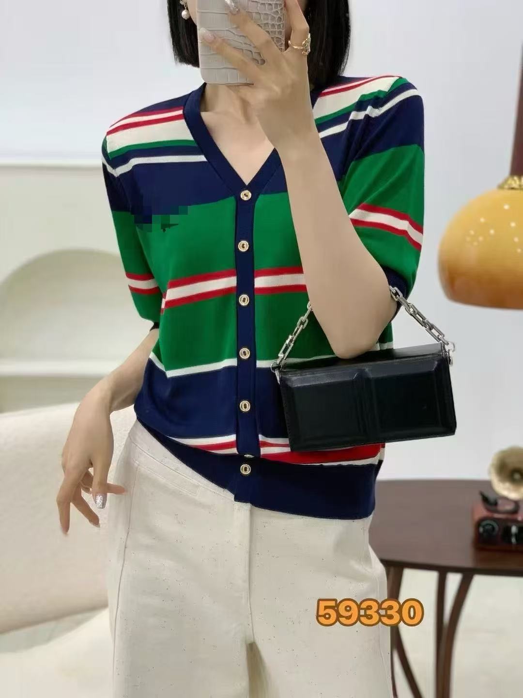 335 【绿撞色  V领短袖】高级气质针织女衫