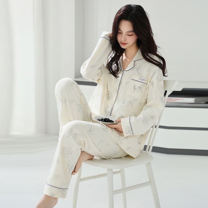 100%双面纯棉睡衣女2025新款长袖长裤秋季宽松大码舒适透气家居服