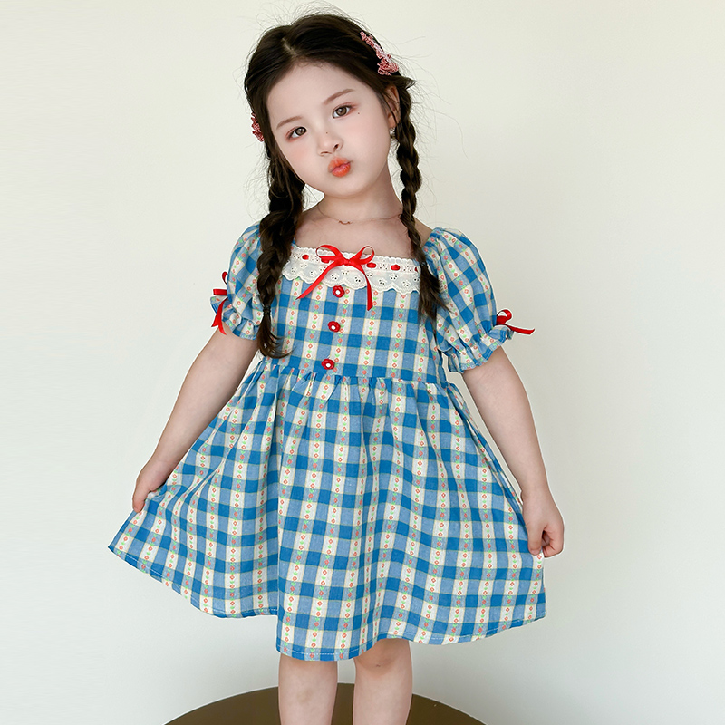 女童兰色格子短袖连衣裙女宝宝夏季裙子
