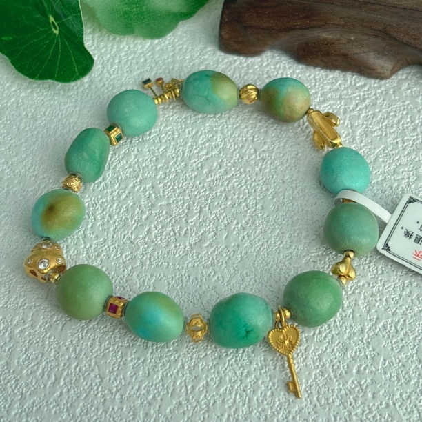 4999天然绿松石糖豆18K金手串10mm左右