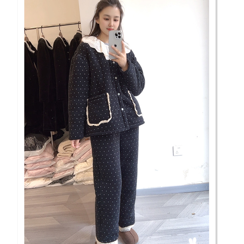 【1988可妮】 波点三层夹棉加厚加绒蕾丝花边可外穿家居服女士套装