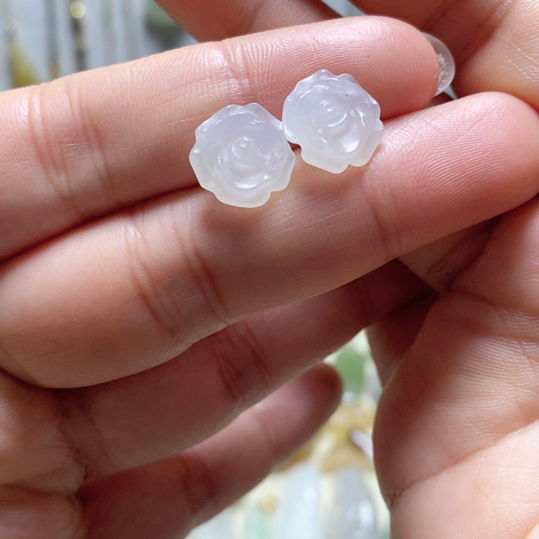 和田玉耳饰银S925镶嵌白冰紫花朵耳钉