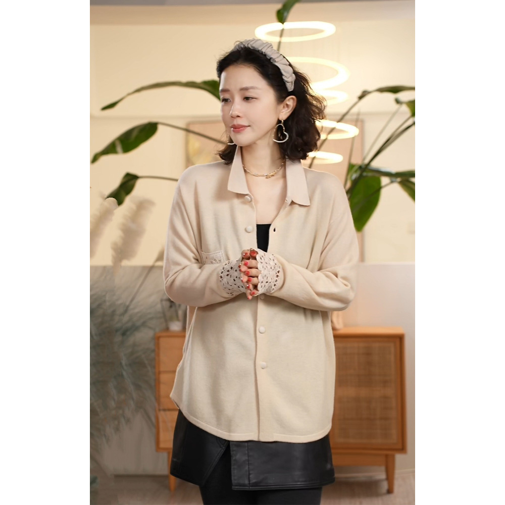 X【叭哒不惑】日光 羊毛薄款翻领镂空拼接毛针织衫打底女上衣