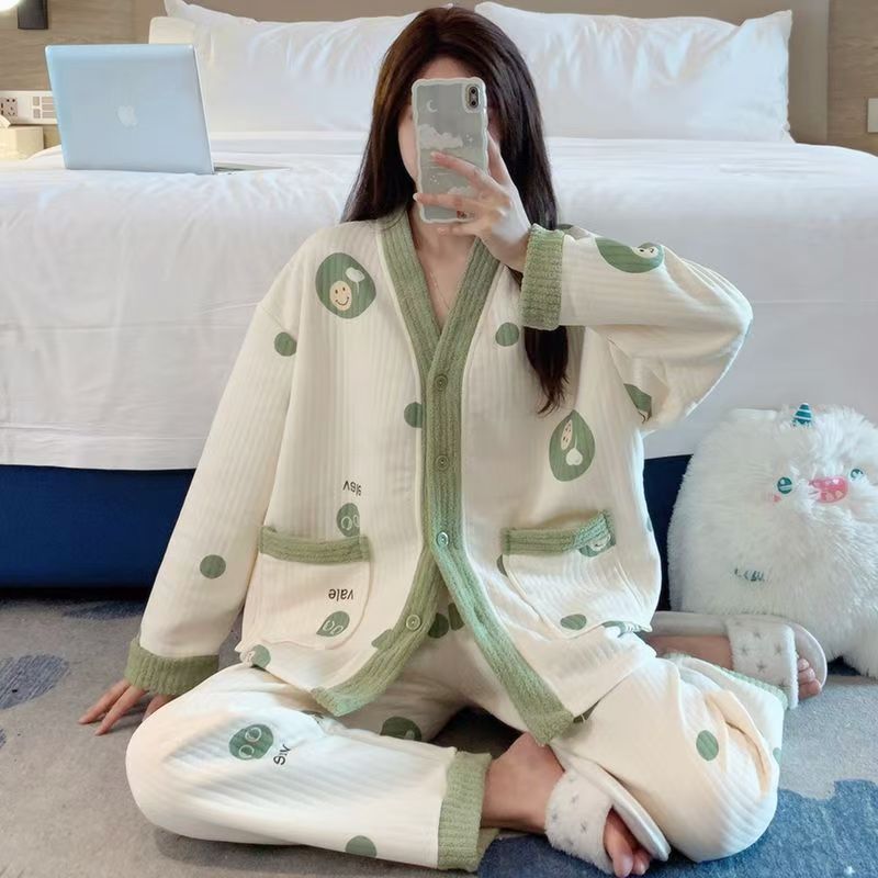 空气棉夹层睡衣女款冬季长袖加厚甜美风家居服绿色笑脸