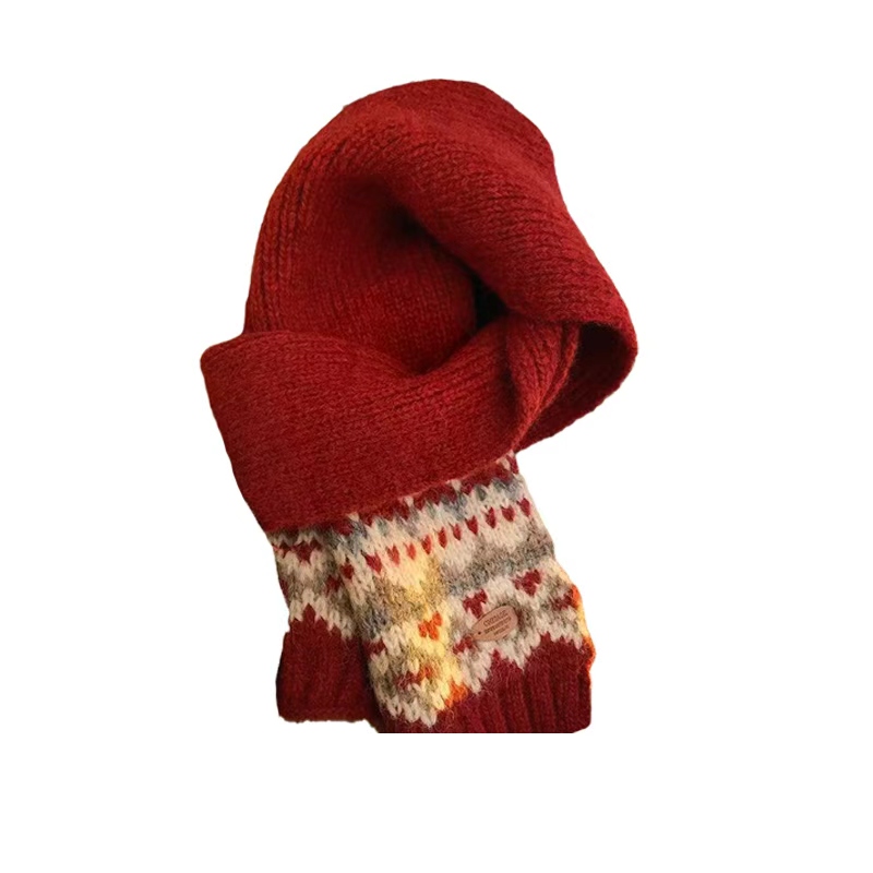 YUZI/鱼子费尔岛复古针织围巾韩系氛围感提花撞色毛线围脖LL00097