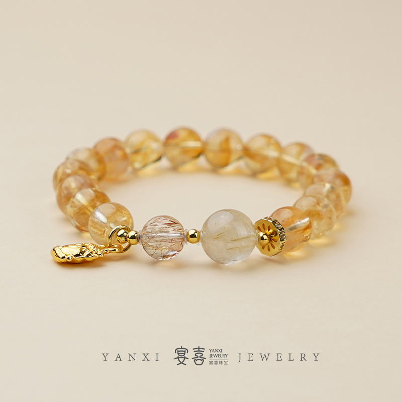 【吸金小霸王】黄塔晶配金发晶单圈手串 多样性发其一