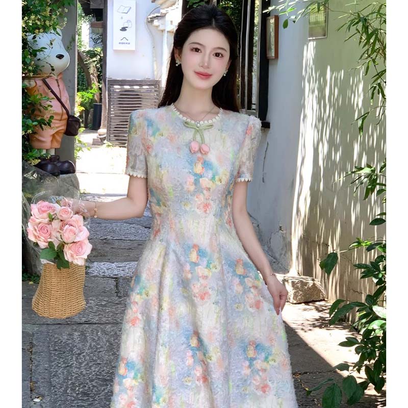 【有里布】法式少女长裙2025夏新品郁金香花色连衣裙D2224