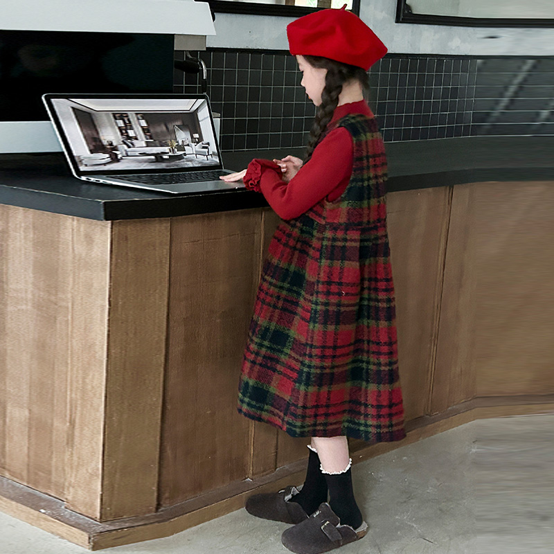 女童套装千金风女孩格子裙秋冬加绒毛呢连衣裙背心裙中长款拜年服