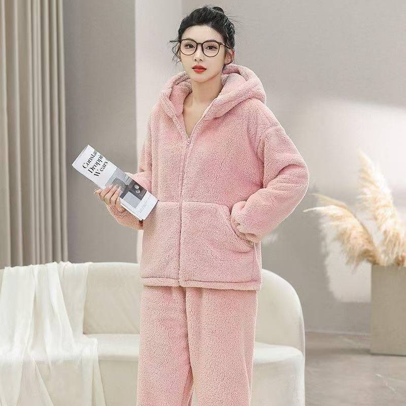 秋冬季2025款连帽睡衣女士时尚保暖休闲拉链款珊瑚绒家居服套装