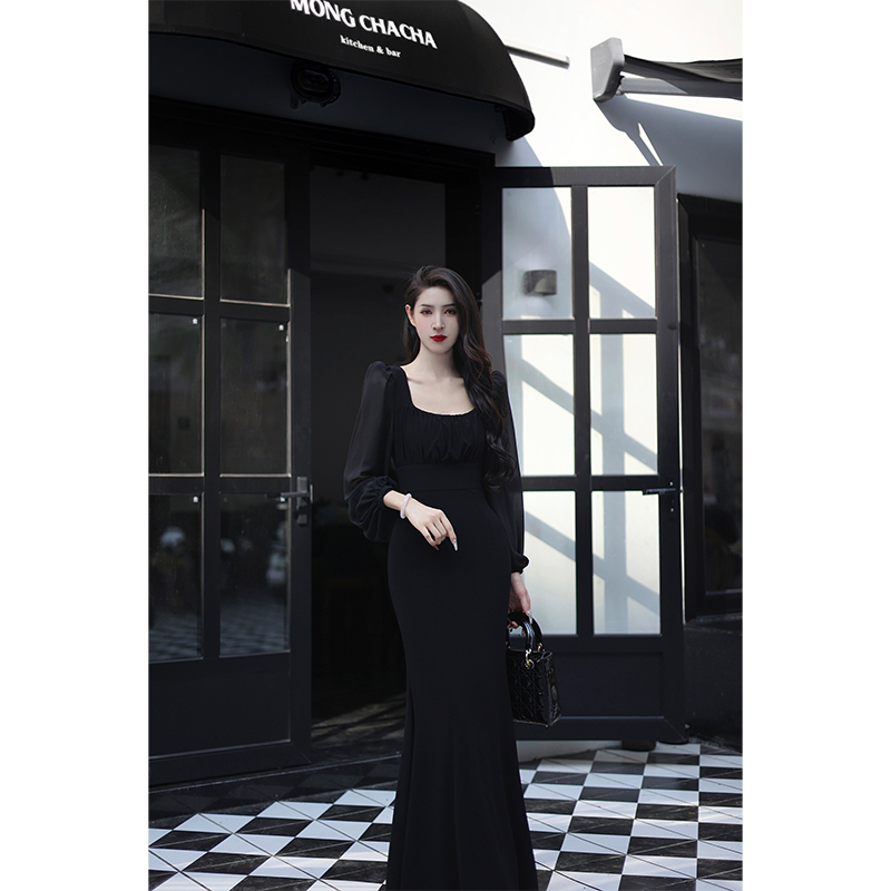 【尤克菲儿】原创高定通透网布小众名媛气质灯笼袖轻奢修身连衣裙