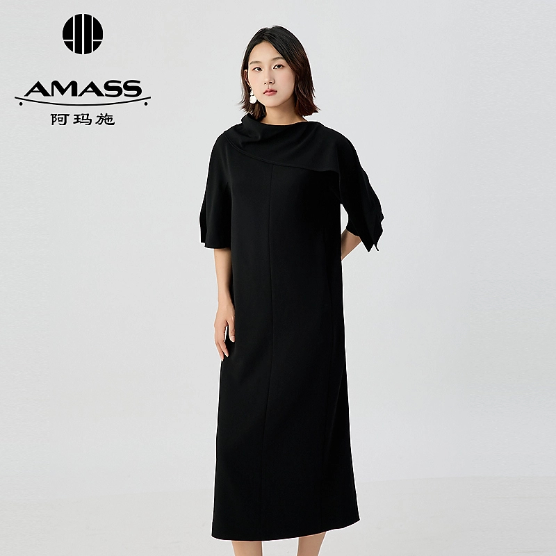 阿玛施AMASS 女装新款经典时尚优雅气质不规则领口设计长裙550011
