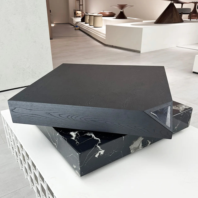 意式极简旋转大理石方形茶几现代中古家用客厅小户型实木切角茶桌