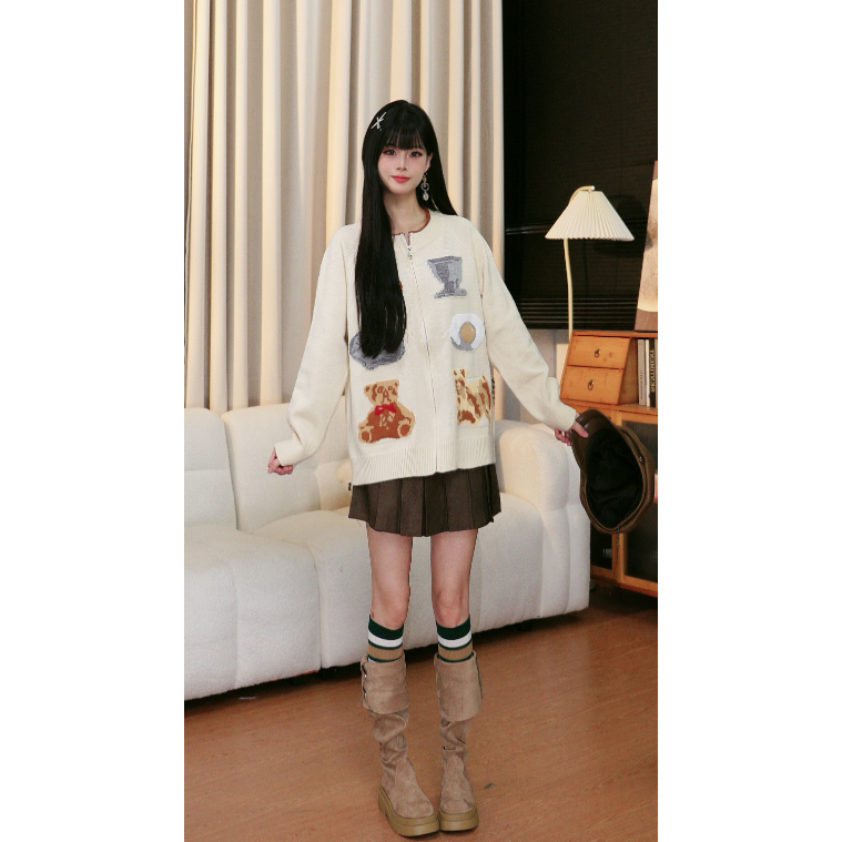 【XIAOLIN】诗写学院风针织衫女毛衣外套韩系拉链提花慵懒风