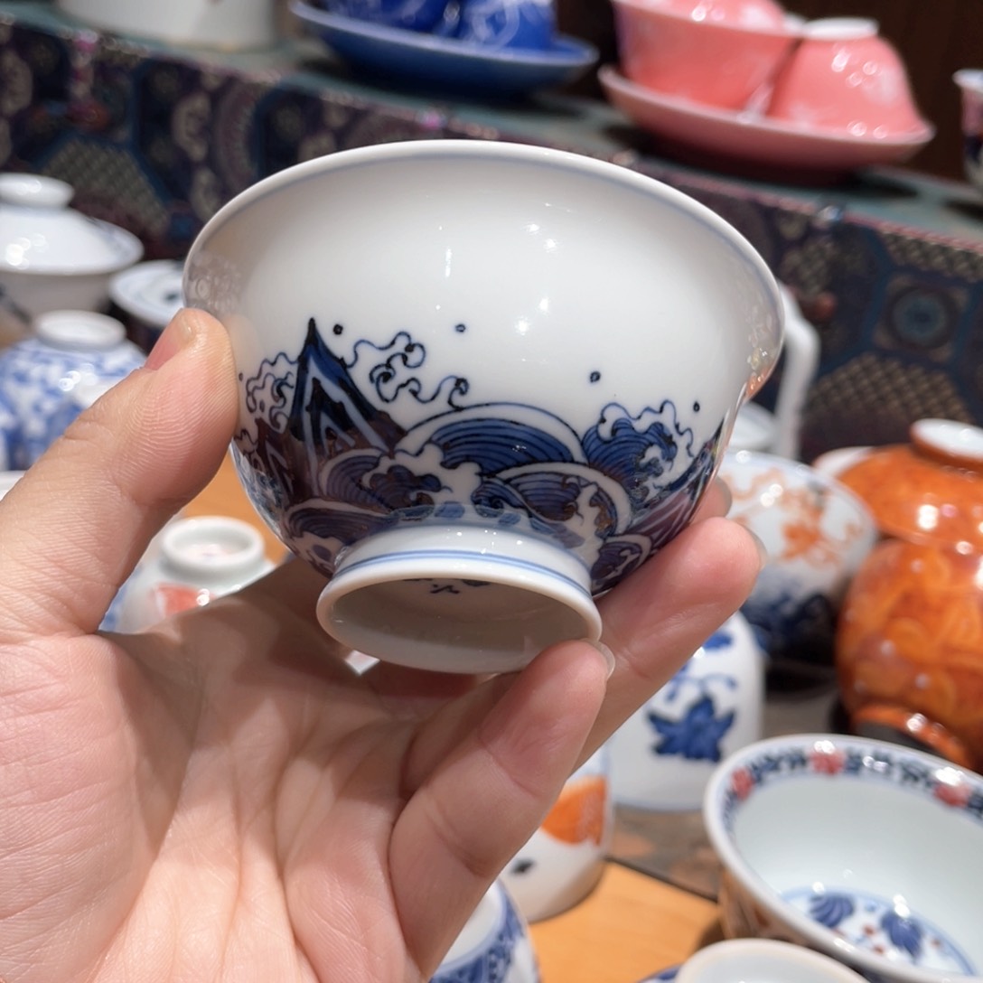 杯M***王青花海水高足杯