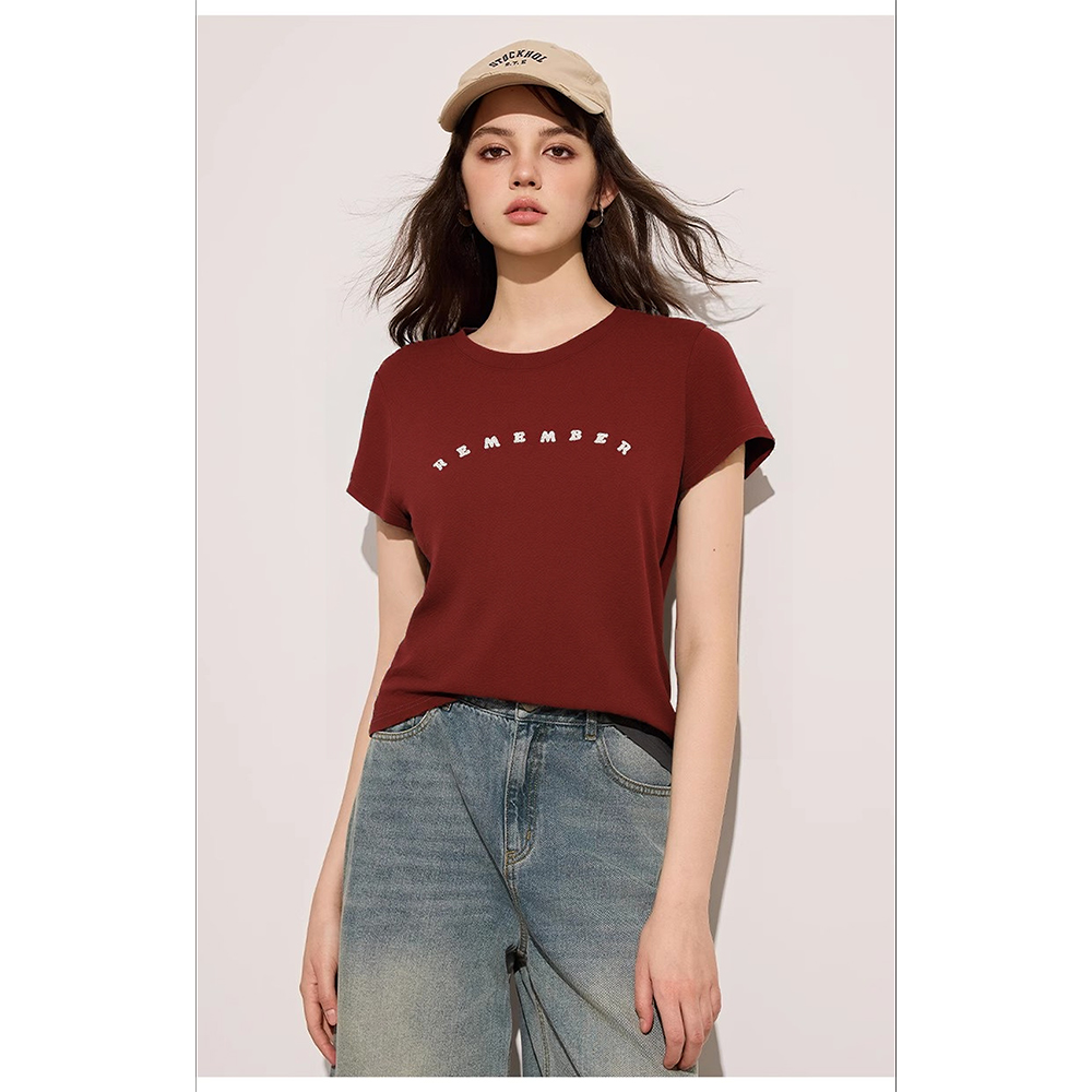 【极简主义】时尚撞色剌绣圆领显瘦上衣353188【T】