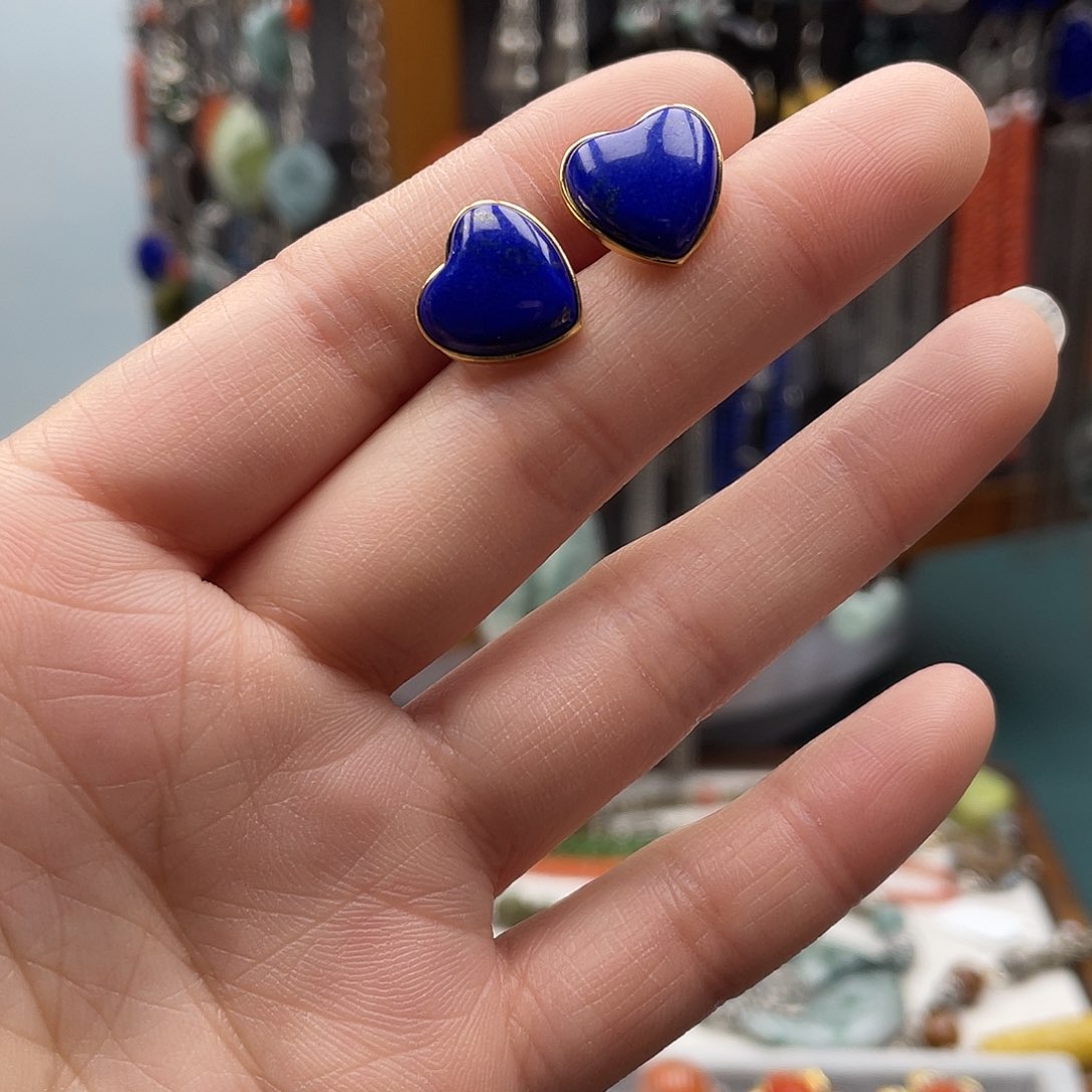 青金石耳钉银S925镀金镶嵌饰品