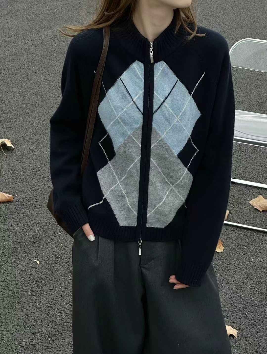 S7780 韩系学院风开衫毛衣菱格撞色拉链圆领百搭复古秋冬慵懒