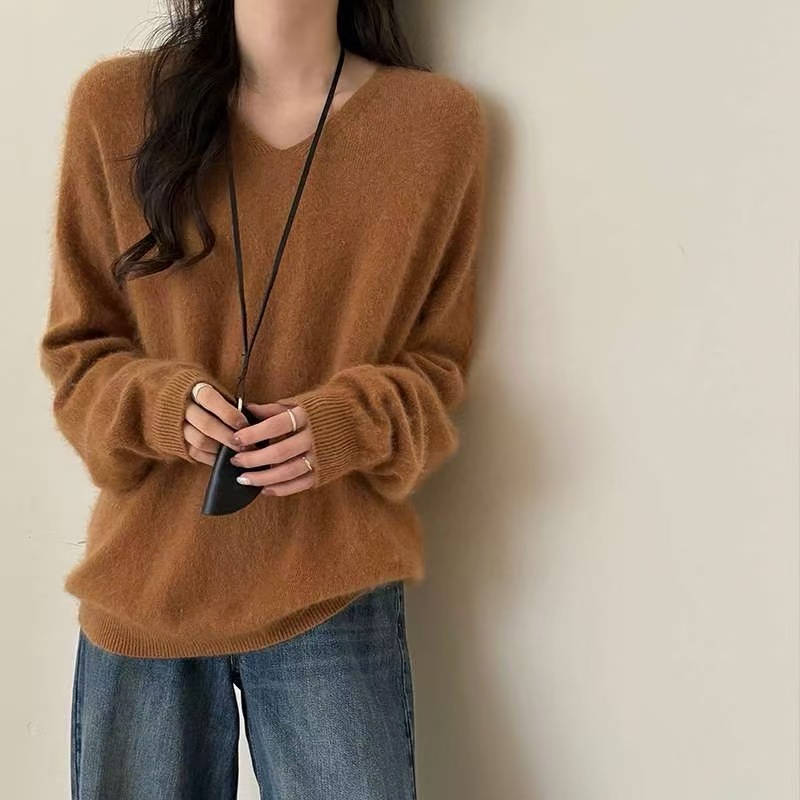 依家——YM7302拉绒毛衣V领宽松版慵懒风韩版羊毛衫