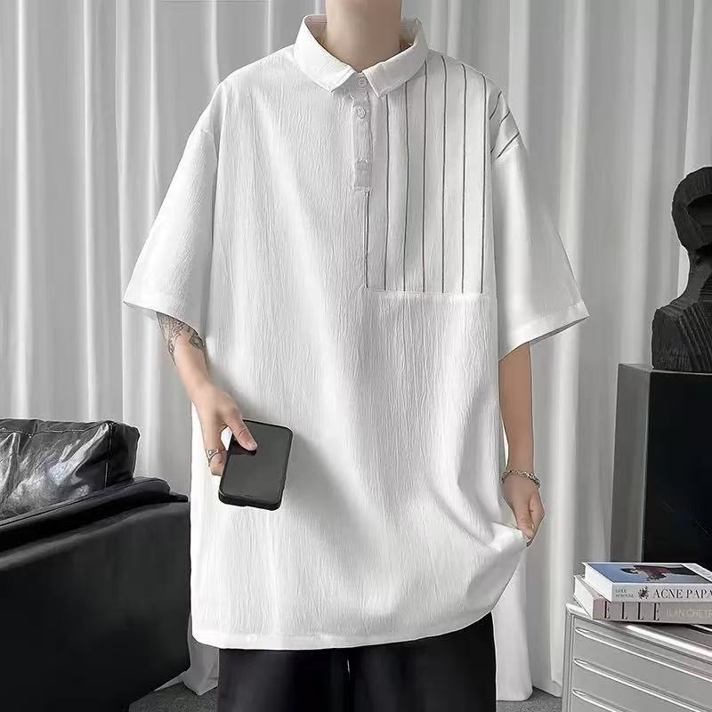 POLO衫男士夏季港风设计感拼接条纹保罗衫高街痞帅大码短袖上衣服