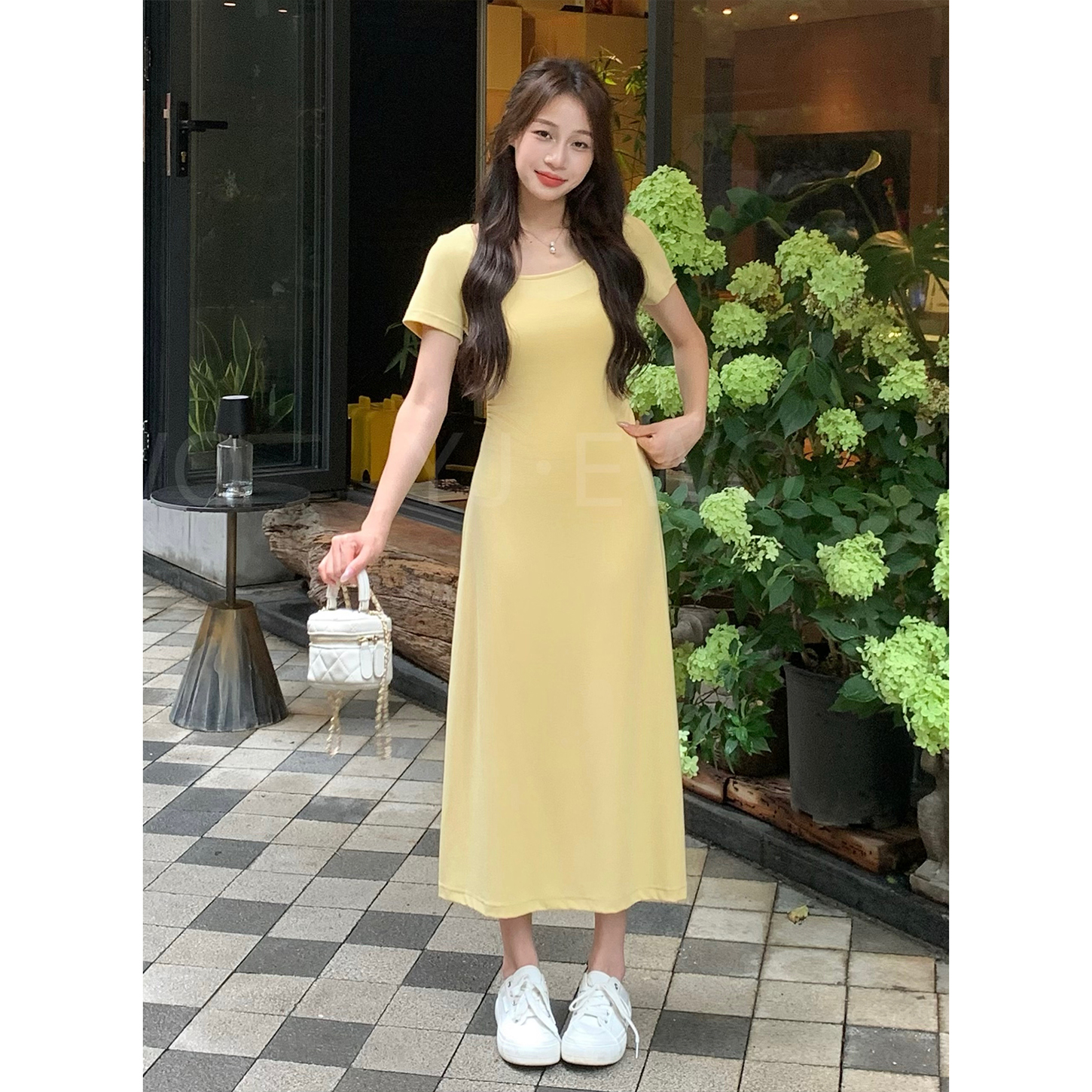 （周周小个子）夏季新款显瘦小众修身褶皱中长款连衣裙-2172