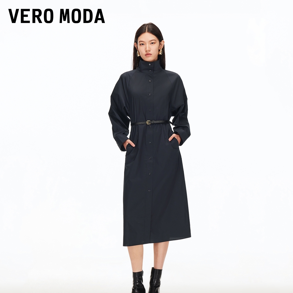 Vero Moda连衣裙2025秋季新款含棉捏褶腰带收腰中长裙32537D022